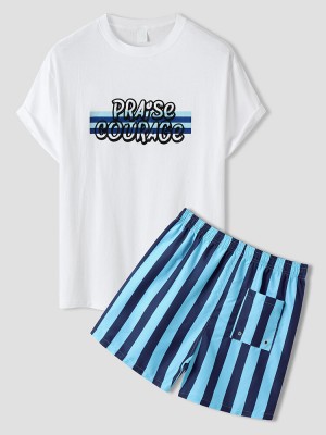 Men Letter   Striped Print Short Sleeve Beachwear Suits