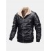 Mens Thicken Zipper Warm Fleece Lined Long Sleeve Leather Biker Jacket