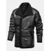 Mens Solid Color Warm Button Up Fleece Lined Thicken PU Leather Jacket With Pocket