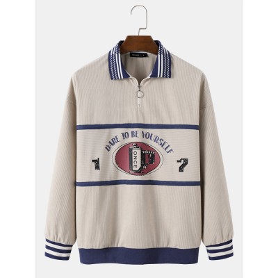 Mens Slogan Print Contrast Ribbon Lapel Corduroy Preppy Sweatshirts