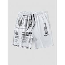 Mens Beers Newspaper Print Loose Drawstring Shorts With Pocket