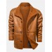 Mens Solid Color Warm Button Up Fleece Lined Thicken PU Leather Jacket With Pocket