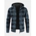 Mens Vintage Plaid Warm Zipper Warm Hooded Sweater Jacket