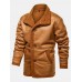 Mens Solid Color Warm Button Up Fleece Lined Thicken PU Leather Jacket With Pocket