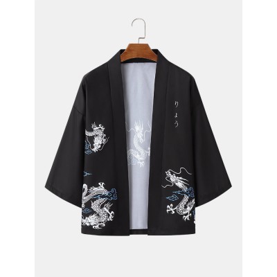 Mens Dragon Graphic Japanese Letter Front Open Soft Kimonos