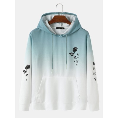 Mens Rose Japanese Ombre Print Kangaroo Pocket Drawstring Hoodies