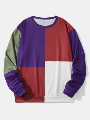 Mens Colorblock Crew Neck Preppy Pullover Sweatshirts