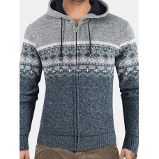 Mens Tribal Pattern Hooded Long Sleeve Warm Fleeve Lined Knitting Sweater Jacket