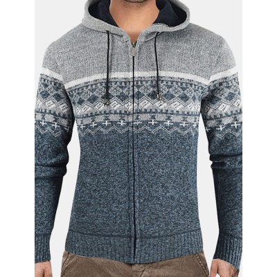 Mens Tribal Pattern Hooded Long Sleeve Warm Fleeve Lined Knitting Sweater Jacket